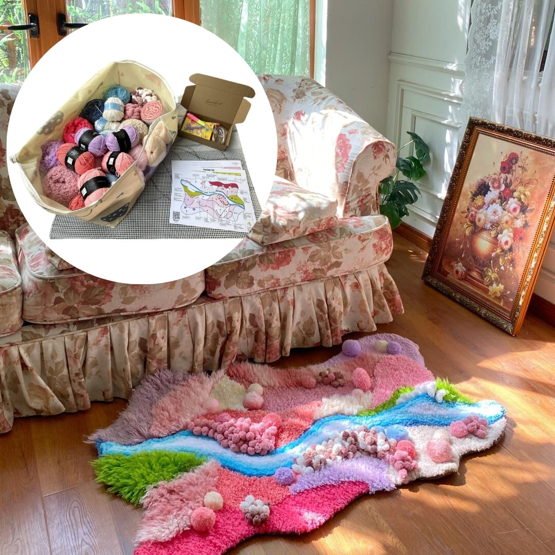 Pink Moss Carpet, Latch Hook Kit, Beginner DIY Project with Tutorials