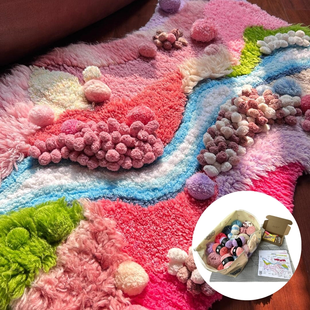 Pink Moss Carpet, Latch Hook Kit, Beginner DIY Project with Tutorials