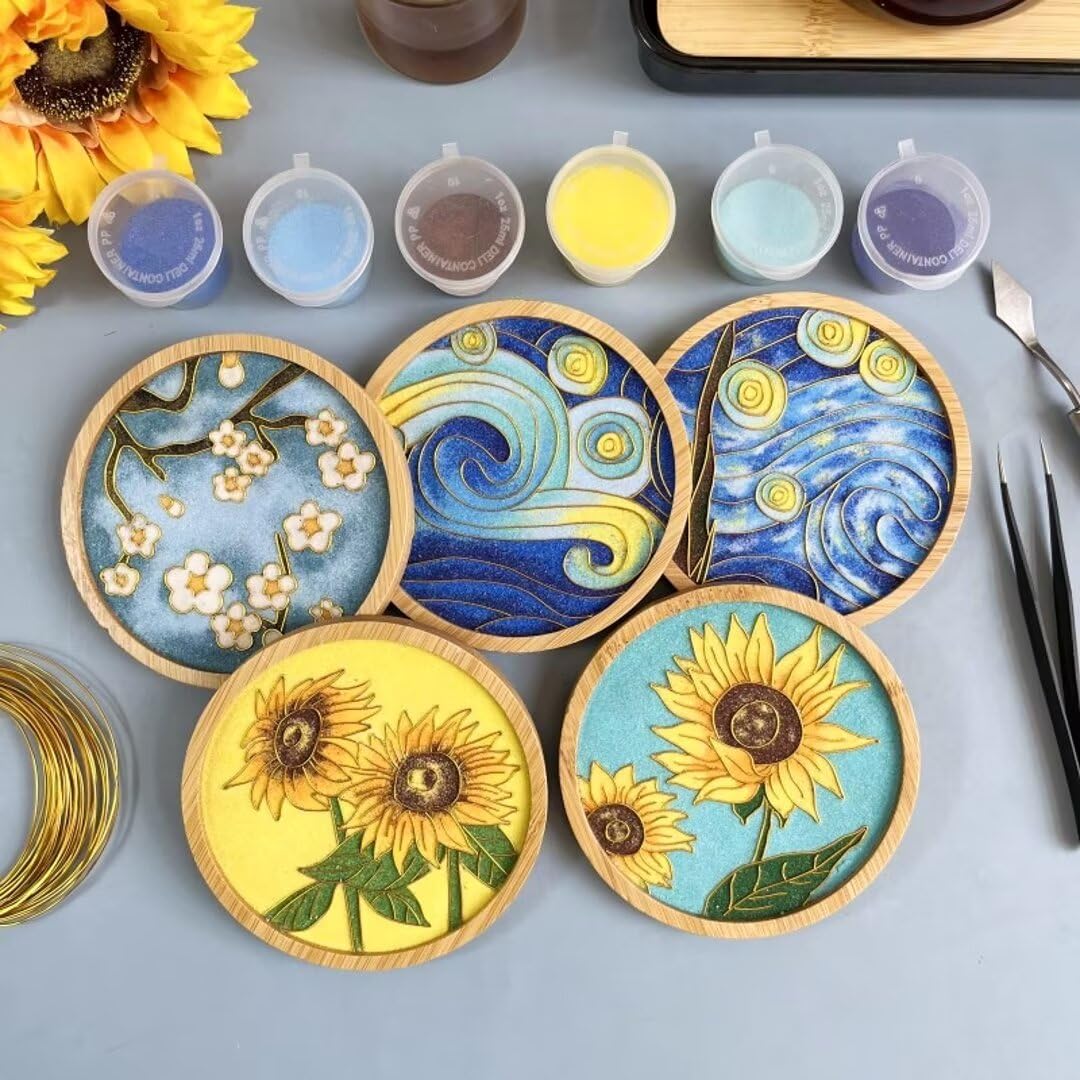 6PCs DIY Coasters Filigree Enamels Art with Epoxy Resin Unique Crafts Coaster DIY Kits Perfect Hobby for Adults Teens Elderly Handmade Home Decor Gifts