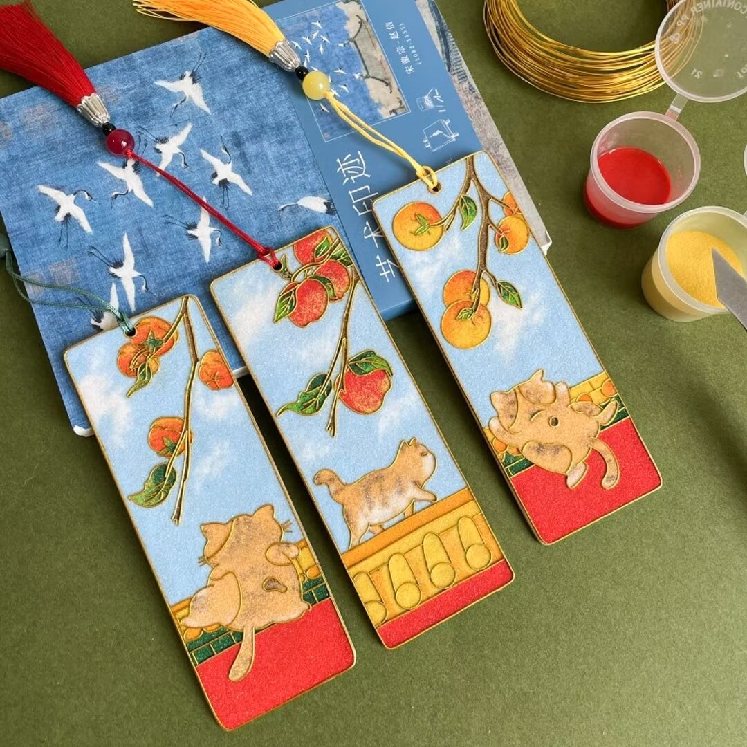 3PCs Cat in Palace Bookmarks, DIY Cloisonne Filigree Enamel Painting Kit, with Tutorial& All Tools