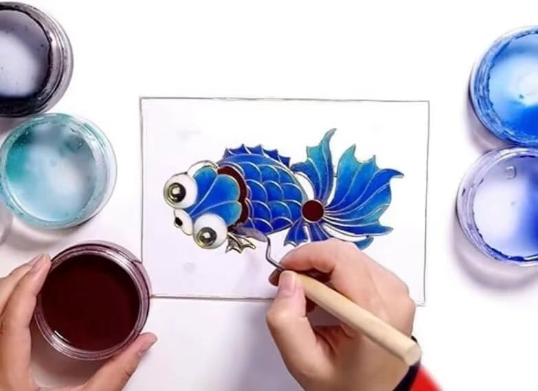 DIY Filigree Cloisonne Enamel Paint by Numbers Kit, Pre-Drawn Painting for Adults Beginners and Kids,6" W x 8" L,Folk Art,Bigeye Fish