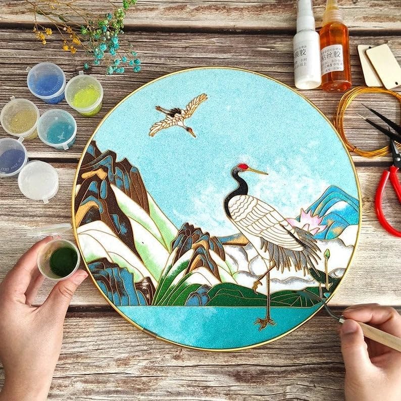 Crane in Mountains, DIY Cloisonne Filigree Enamel Painting Kit, with Tutorial& All Tools