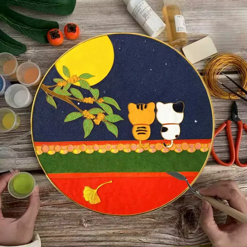 2 Cats Under Moon,Beginner Cloisonne Enamel DIY Kit, with Tutorial& All Tools