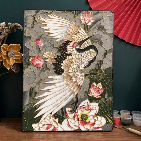 Crane and Lotus, DIY Cloisonne Filigree Enamel Kit, with Tutorial& All Tools