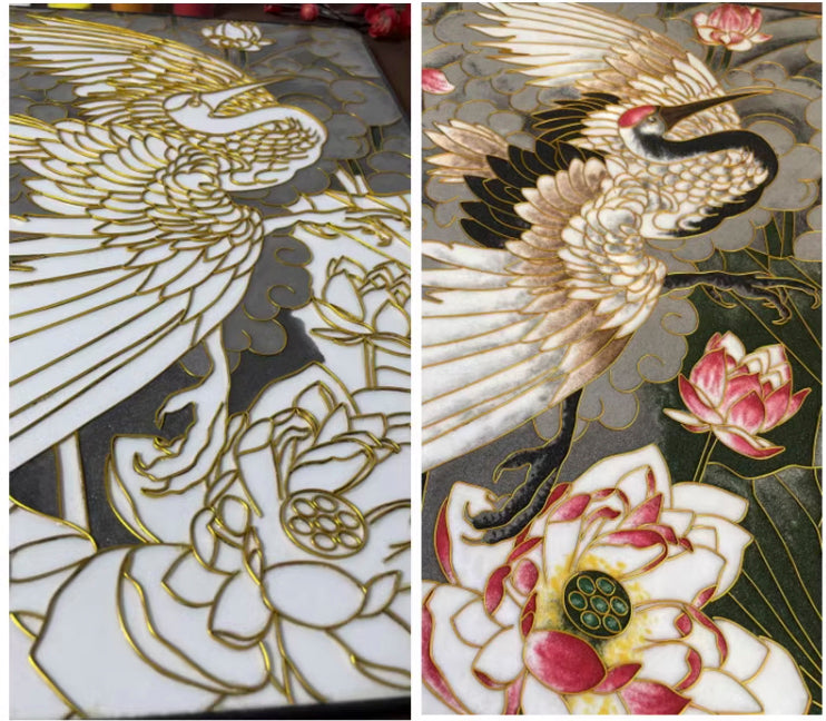 Crane and Lotus, DIY Cloisonne Filigree Enamel Kit, with Tutorial& All Tools