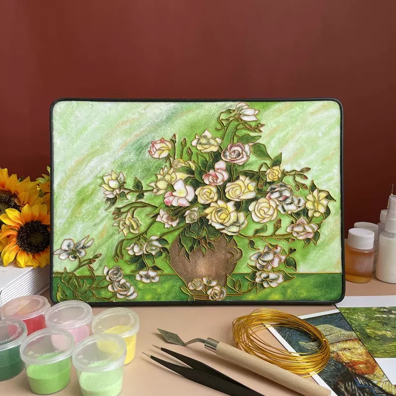 Van Gogh White Roses, DIY Cloisonne Filigree Enamel Kit, with Tutorial& All Tools