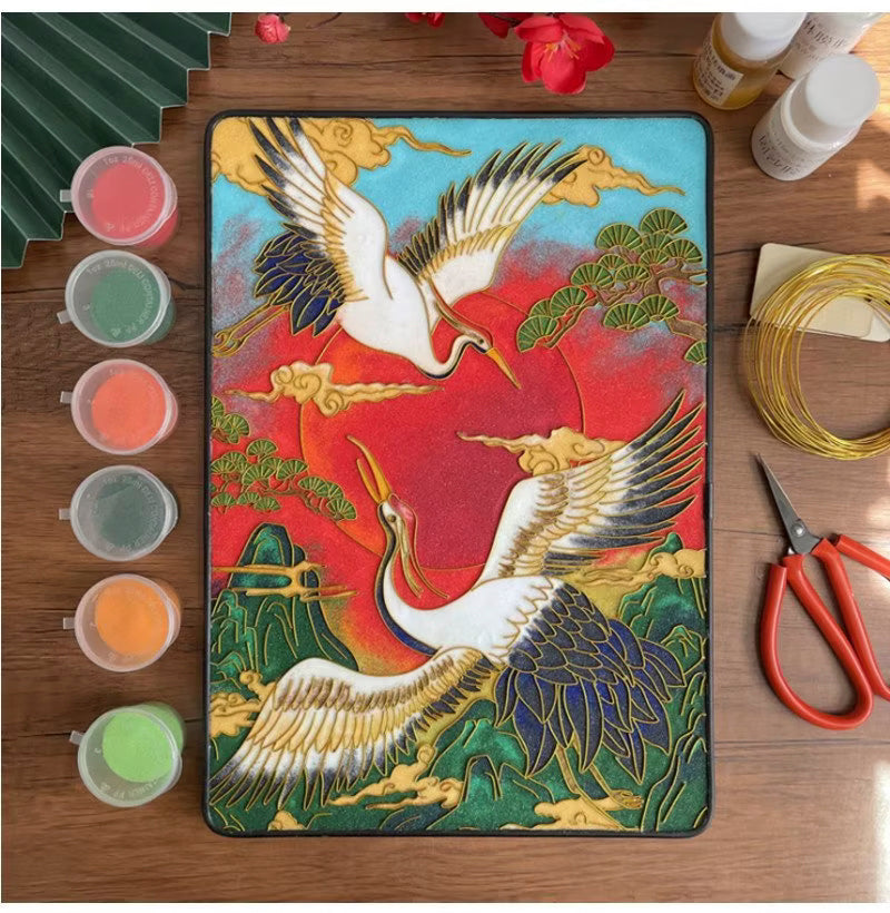Crane and Sun, DIY Cloisonne Filigree Enamel Kit, with Tutorial& All Tools