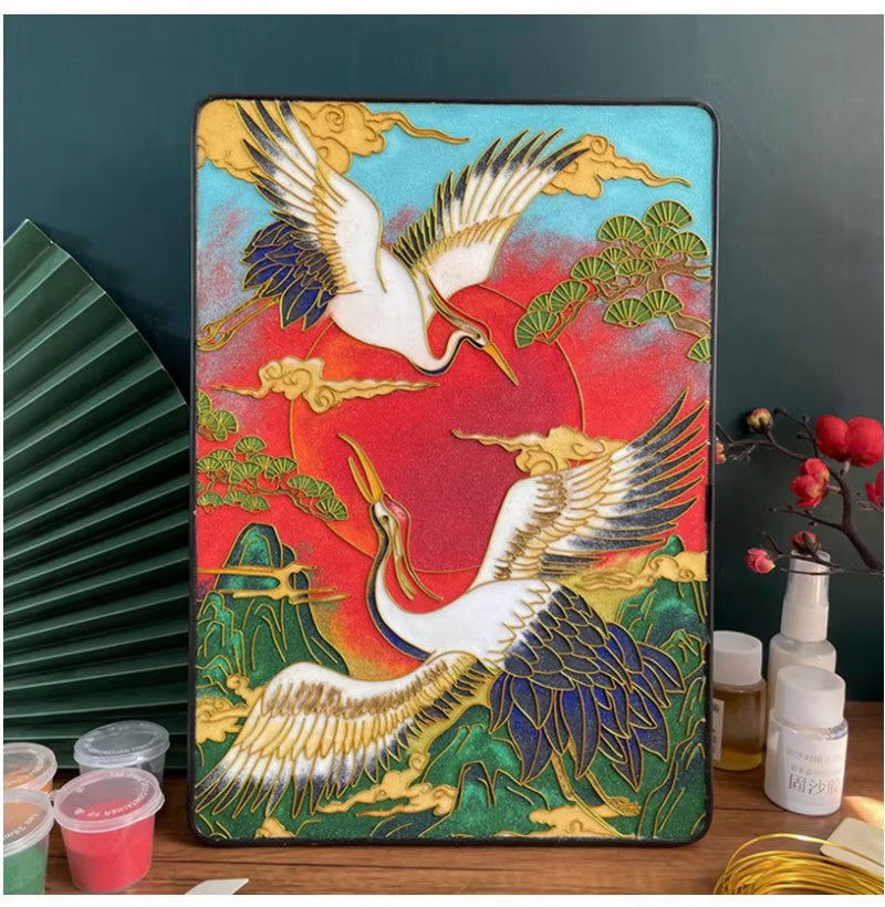 Crane and Sun, DIY Cloisonne Filigree Enamel Kit, with Tutorial& All Tools