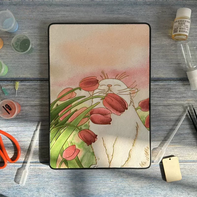 Tulips Cat, DIY Cloisonne Filigree Enamel Kit, with Tutorial& All Tools