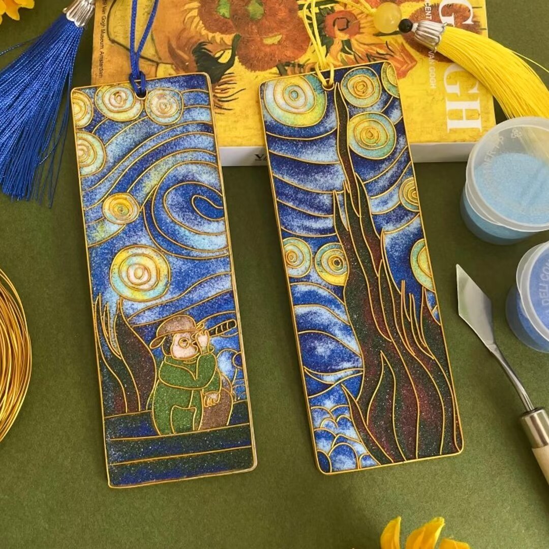 2PCs Van Gogh Bookmarks, DIY Cloisonne Filigree Enamel Painting Kit, with Tutorial& All Tools