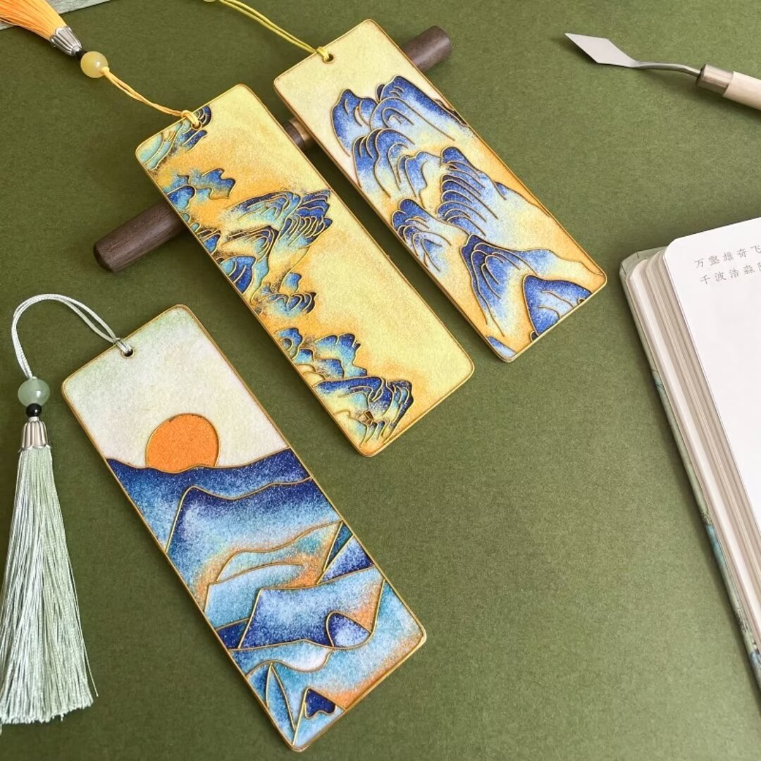 3PCs Mountains Bookmarks, DIY Cloisonne Filigree Enamel Painting Kit, with Tutorial& All Tools
