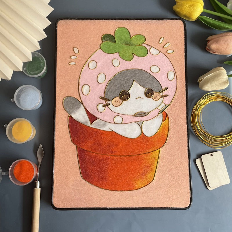 Strawberry Cat, DIY Cloisonne Filigree Enamel Kit, with Tutorial& All Tools