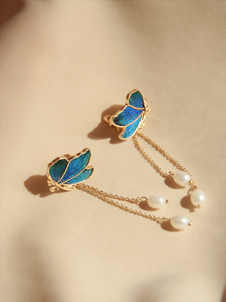 Peacock Feather & Natural Pearl Earrings,Handmade Silk Velvet Flower,Brooch/Hair Pin/Clip
