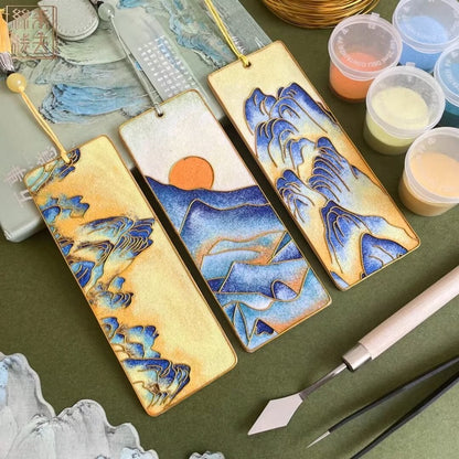 3PCs Mountains Bookmarks, DIY Cloisonne Filigree Enamel Painting Kit, with Tutorial& All Tools