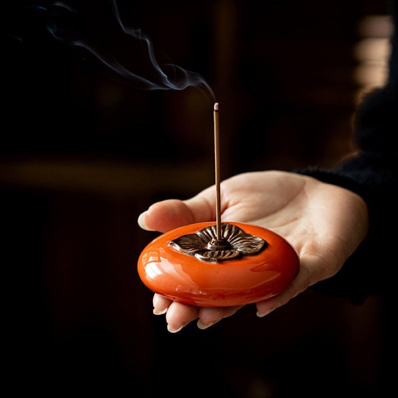 Persimmon,Ceramic Incense Burner with Lid,Home Decor Aromatherapy Ornament