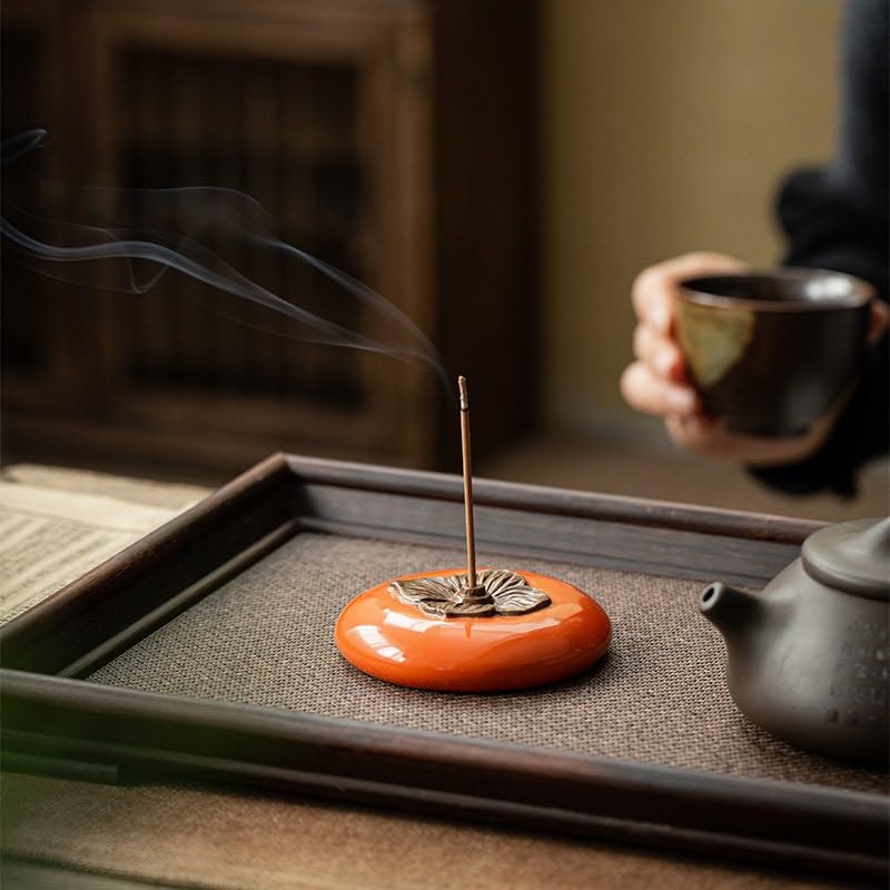 Persimmon,Ceramic Incense Burner with Lid,Home Decor Aromatherapy Ornament