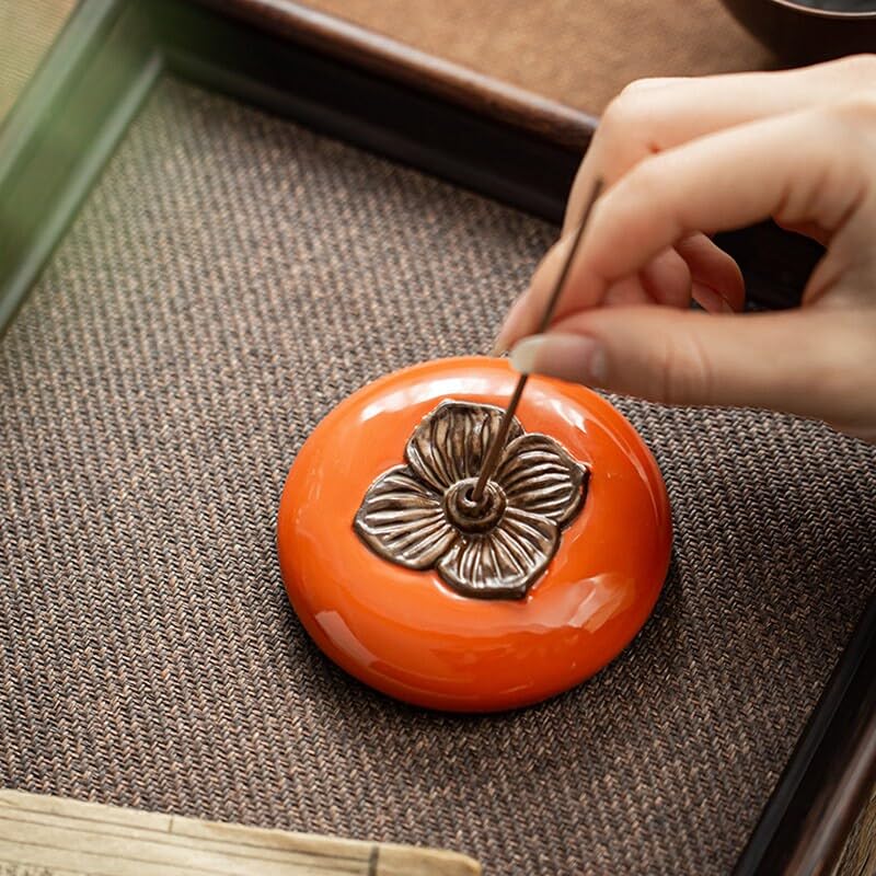 Persimmon,Ceramic Incense Burner with Lid,Home Decor Aromatherapy Ornament