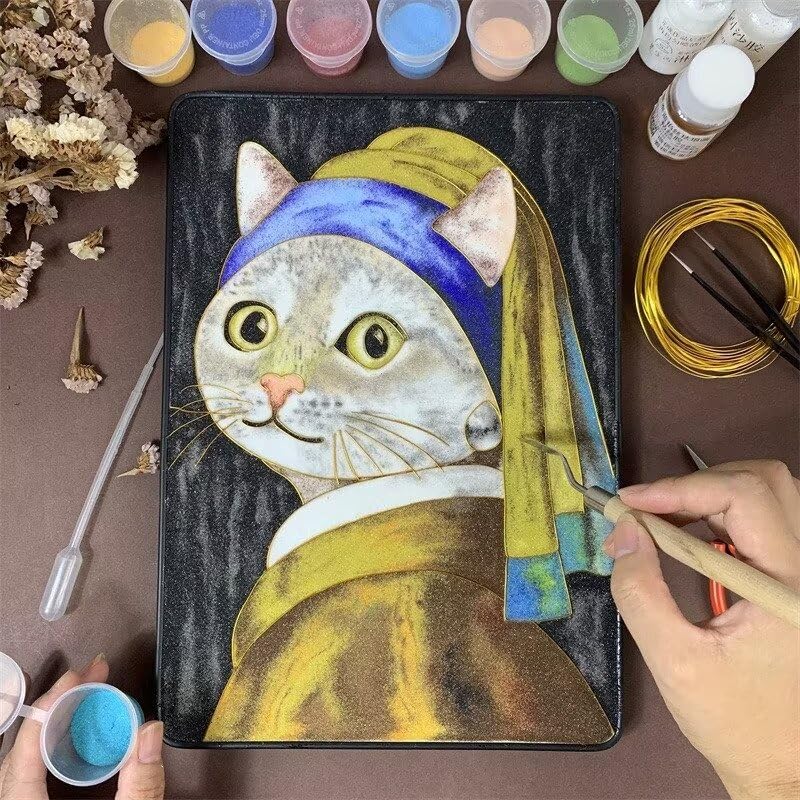 Cloisonne DIY Kit Suitable for Beginners,Fortune Cat,Home Decoration,Including All Tools,Paint by Numbers Kit,Pre-Drawn Painting for Adults and Kids,8.3'' W x 12'' L Frame,Folk Art