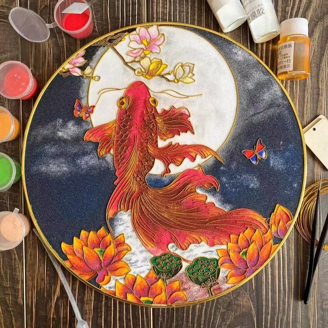 DIY Filigree Cloisonne Enamel Paint by Numbers Kit,Pre-Drawn Painting for Adults Beginners and Kids,9" Diameter,Folk Art,Joyful Koi Fishes