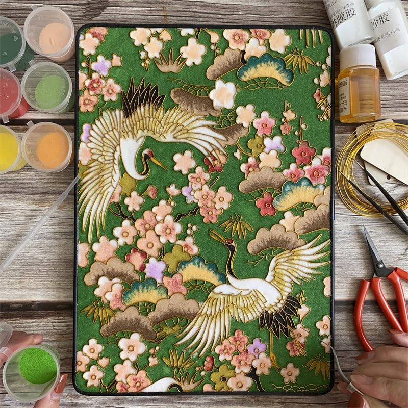 Cloisonne DIY Kit Suitable for Beginners,Koi and Crane,Home Decoration,Including All Tools,Paint by Numbers Kit,Pre-Drawn Painting for Adults and Kids,8.3'' W x 12'' L Frame,Folk Art