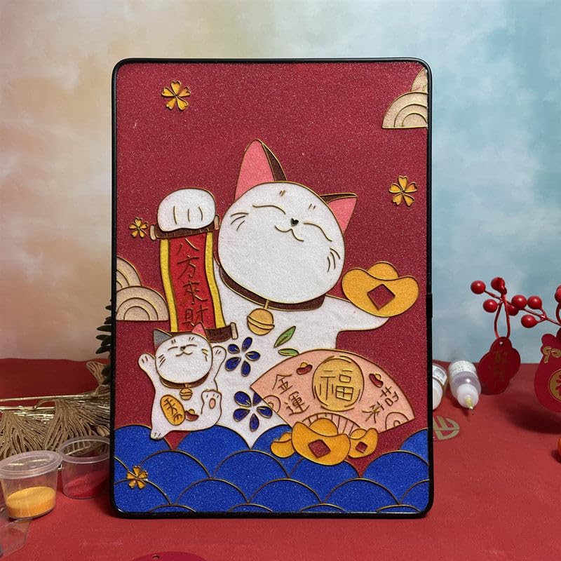 Cloisonne DIY Kit Suitable for Beginners,Fortune Cat,Home Decoration,Including All Tools,Paint by Numbers Kit,Pre-Drawn Painting for Adults and Kids,8.3'' W x 12'' L Frame,Folk Art