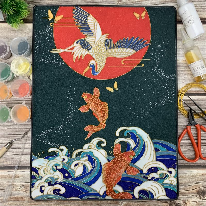 Cloisonne DIY Kit Suitable for Beginners,Koi and Crane,Home Decoration,Including All Tools,Paint by Numbers Kit,Pre-Drawn Painting for Adults and Kids,8.3'' W x 12'' L Frame,Folk Art