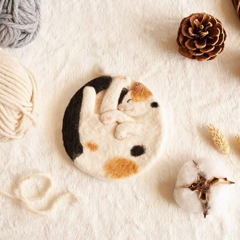 Needle Felting Kit,Starter,Cat Cup Coaster,Felting Kit for Beginners Adult, Kids, Felting Supplies, Felting Pad, Felting Wool,Tutorial and Instruction