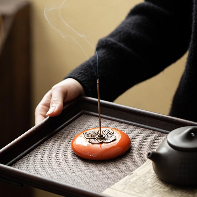 Persimmon,Ceramic Incense Burner with Lid,Home Decor Aromatherapy Ornament