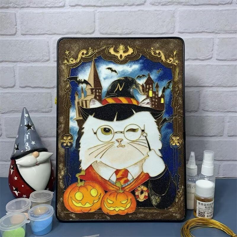 Cloisonne DIY Kit Suitable for Beginners,Fortune Cat,Home Decoration,Including All Tools,Paint by Numbers Kit,Pre-Drawn Painting for Adults and Kids,8.3'' W x 12'' L Frame,Folk Art