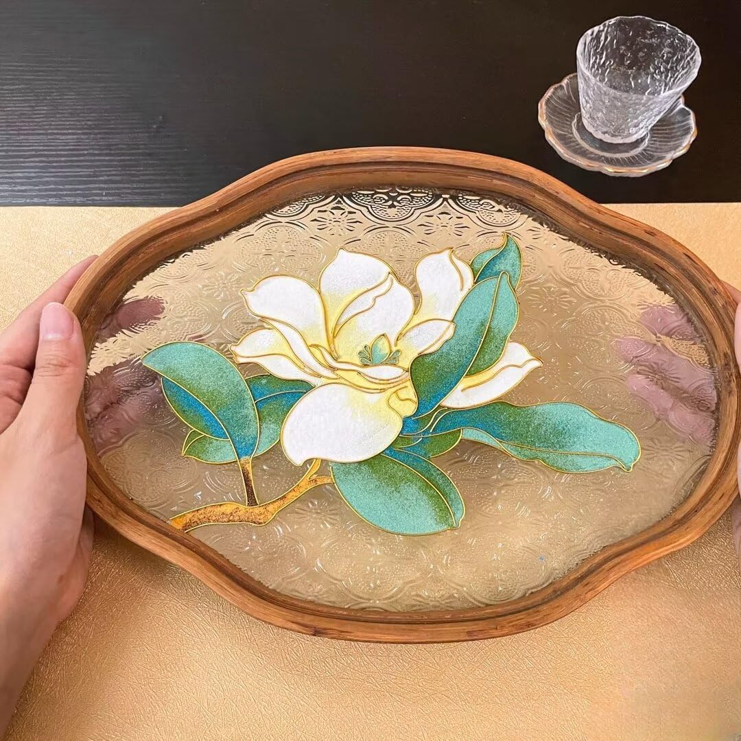 Cloisonne DIY Kit Suitable for Beginners,Flower on Glass Platter,Home Decoration,Including All Tools,Paint by Numbers Kit,Pre-Drawn Painting for Adults and Kids,8.3'' W x 12'' L Frame,Folk Art