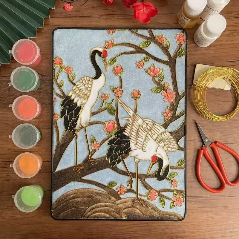 Cloisonne DIY Kit Suitable for Beginners,Koi and Crane,Home Decoration,Including All Tools,Paint by Numbers Kit,Pre-Drawn Painting for Adults and Kids,8.3'' W x 12'' L Frame,Folk Art