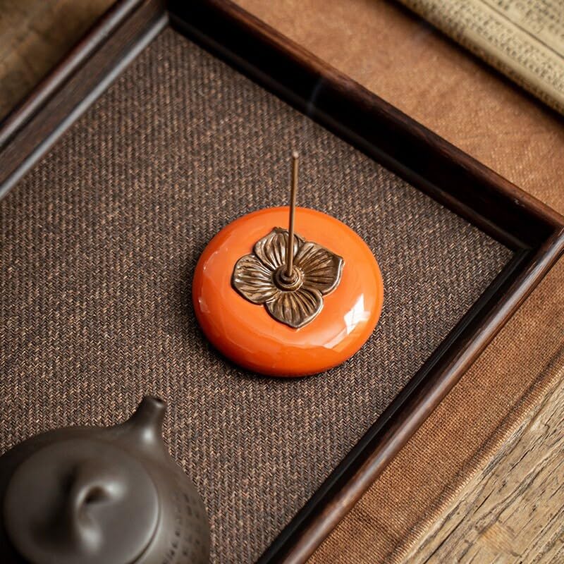 Persimmon,Ceramic Incense Burner with Lid,Home Decor Aromatherapy Ornament