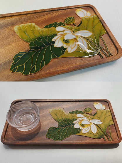 DIY Filigree Cloisonne Enamel Paint by Numbers Kit,Lotus on Luxury Walnut Wood,Pre-Drawn Painting for Adults Beginners and Kids,5'' W x 12'' L,Folk Art