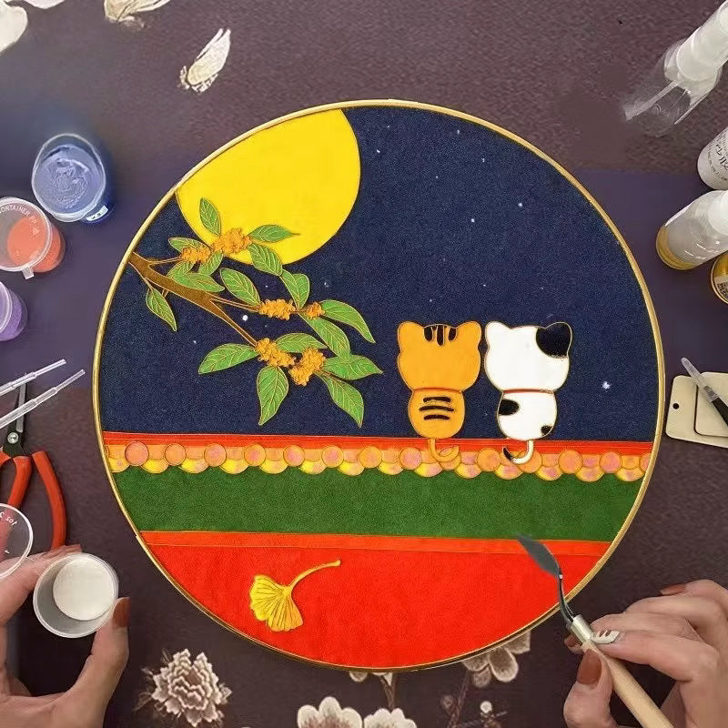 2 Cats Under Moon,Beginner Cloisonne Enamel DIY Kit, with Tutorial& All Tools