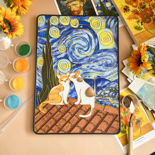 Starry Night with Cats, DIY Cloisonne Filigree Enamel Kit, with Tutorial& All Tools
