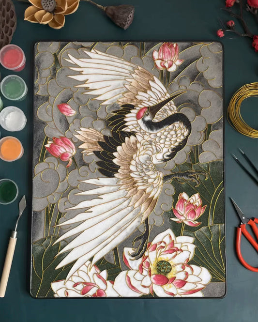 Crane and Lotus, DIY Cloisonne Filigree Enamel Kit, with Tutorial& All Tools