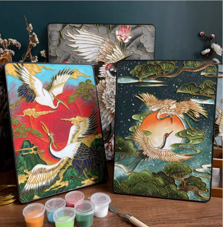 Crane and Sun, DIY Cloisonne Filigree Enamel Kit, with Tutorial& All Tools