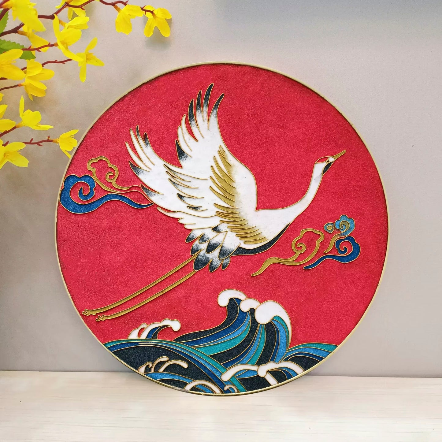 Crane over Red Waves,Beginner Cloisonne Enamel DIY Kit, with Tutorial& All Tools