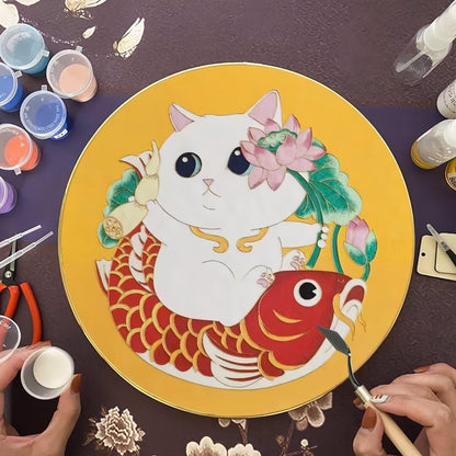 Cat Riding Fish,Beginner Cloisonne Enamel DIY Kit, with Tutorial& All Tools
