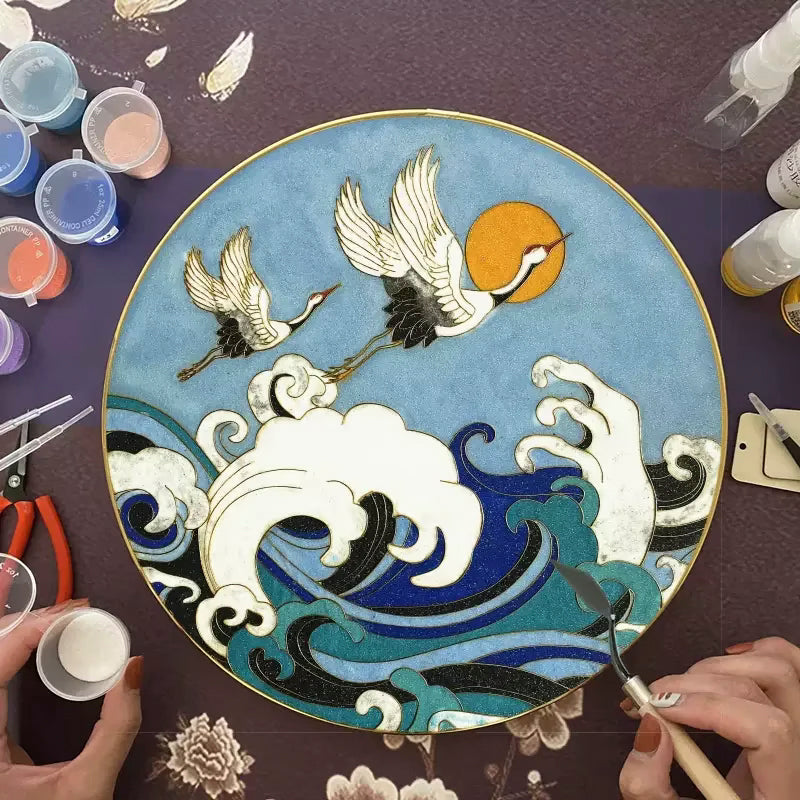 Crane over Blue Waves,Beginner Cloisonne Enamel DIY Kit, with Tutorial& All Tools