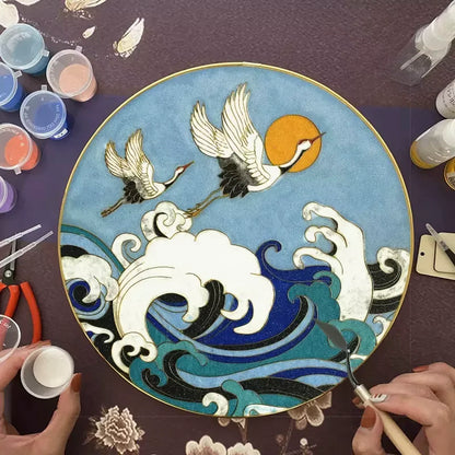 Crane over Blue Waves,Beginner Cloisonne Enamel DIY Kit, with Tutorial& All Tools