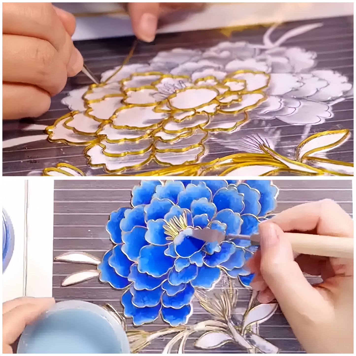 DIY Filigree Cloisonne Enamel Paint by Numbers Kit, Pre-Drawn Painting for Adults Beginners and Kids,6" W x 8" L,Folk Art,Blue Peony