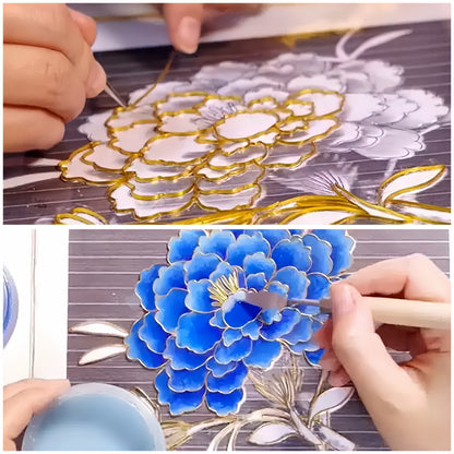 DIY Filigree Cloisonne Enamel Paint by Numbers Kit, Pre-Drawn Painting for Adults Beginners and Kids,6" W x 8" L,Folk Art,Blue Peony