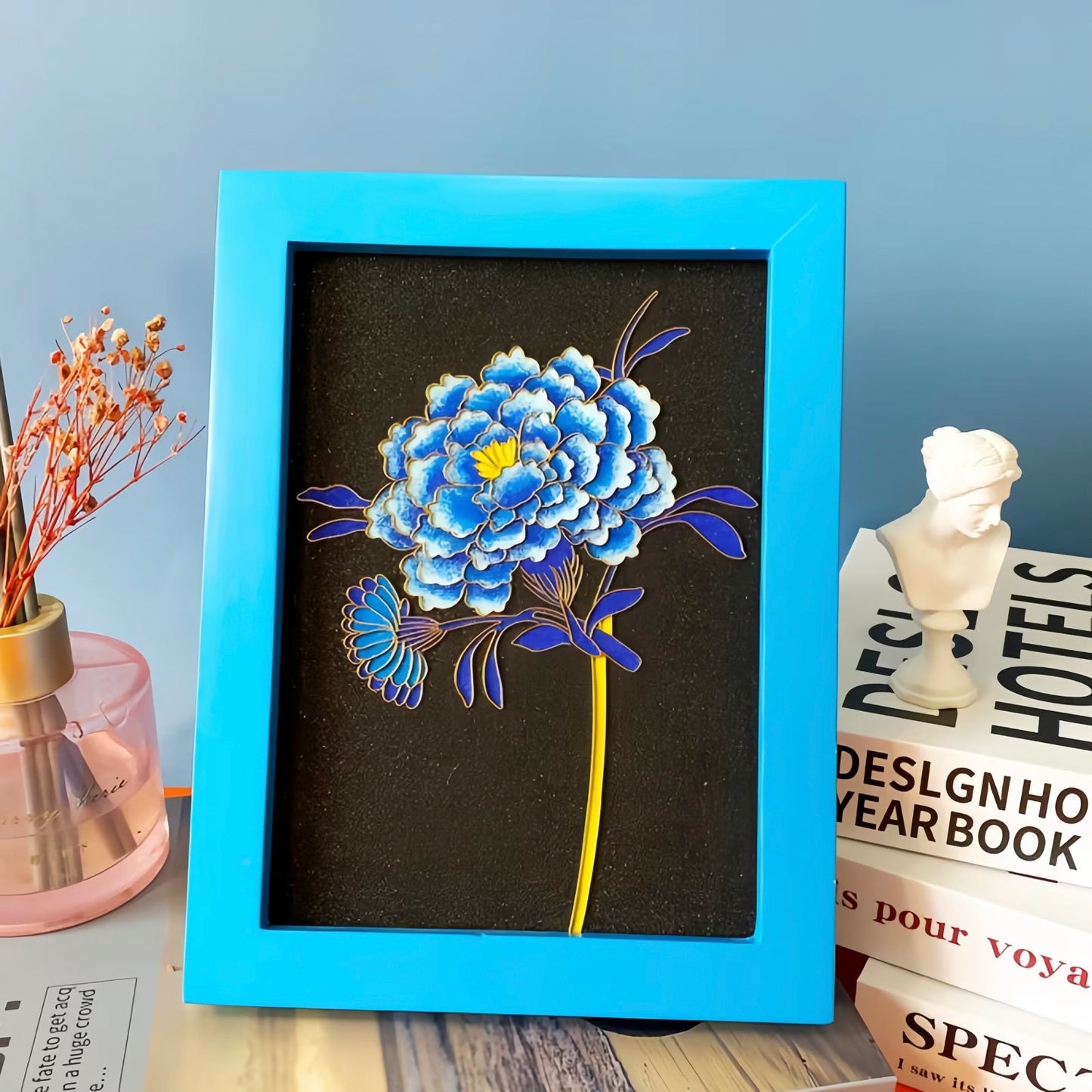 DIY Filigree Cloisonne Enamel Paint by Numbers Kit, Pre-Drawn Painting for Adults Beginners and Kids,6" W x 8" L,Folk Art,Blue Peony