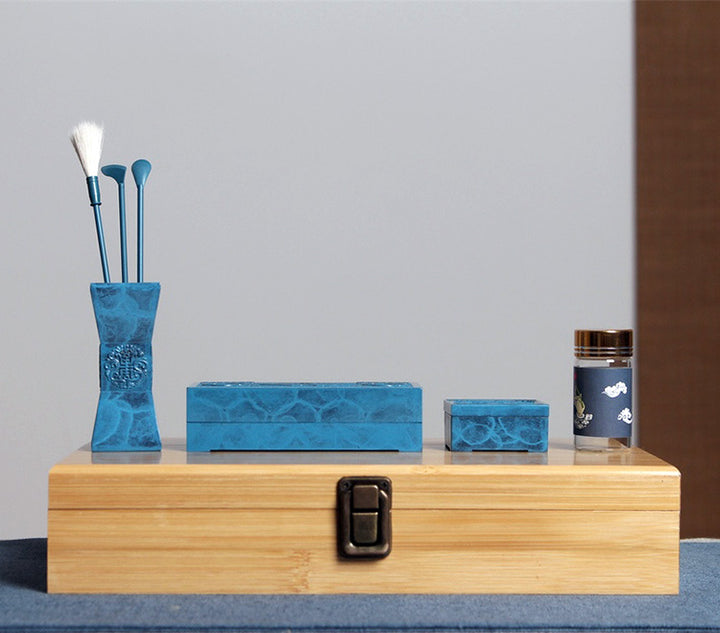 Blue Rectangular Window Flower Incense Seal Set,Pure Copper 9-Piece Set,Gift Box