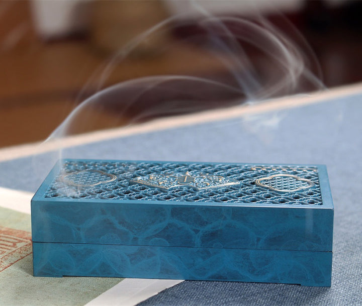 Blue Rectangular Window Flower Incense Seal Set,Pure Copper 9-Piece Set,Gift Box