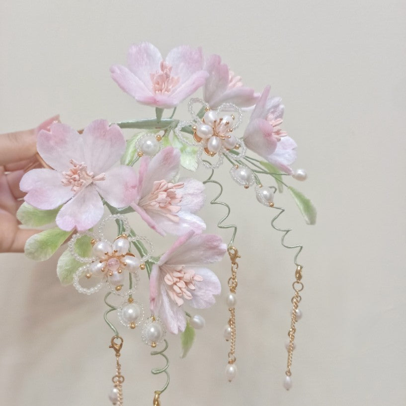 Pink Sakura, Handmade Silk Velvet Flower,Brooch/Hair Pin/Clip